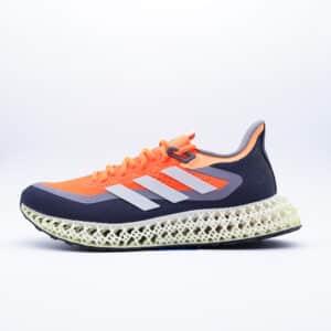 Tenis Adidas 4DFWD para hombre. Silueta de running con tejido Primeknit naranja y azul marino sobre una revolucionaria mediasuela impresa en 3D.